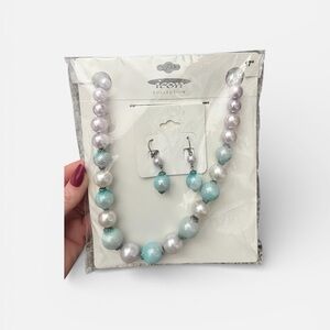 IC COLLECTION Aqua and Pearl Necklace Set